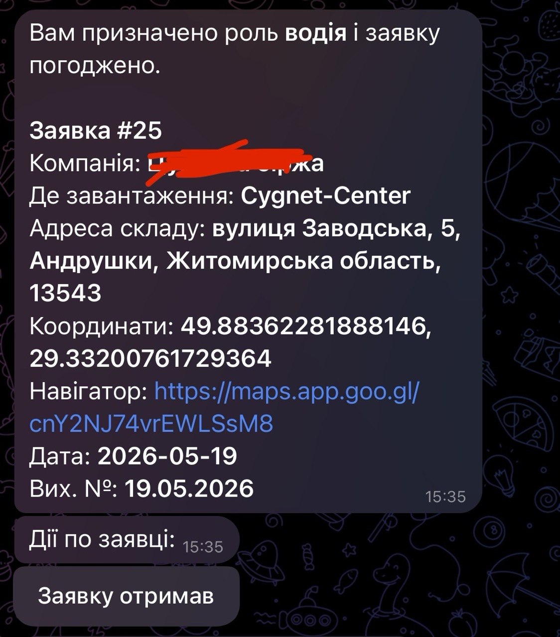 Повідомлення бота з деталями заявки